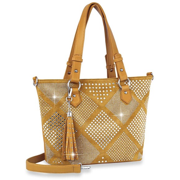 Women Large Tote Top Handle Shoulder Bags Diamond Pattern With Stripes - Picture 1 of 2